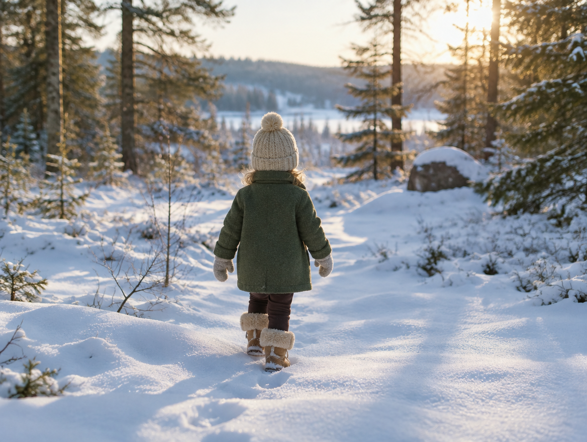 Barn går i snön i fodrade vinterkängor