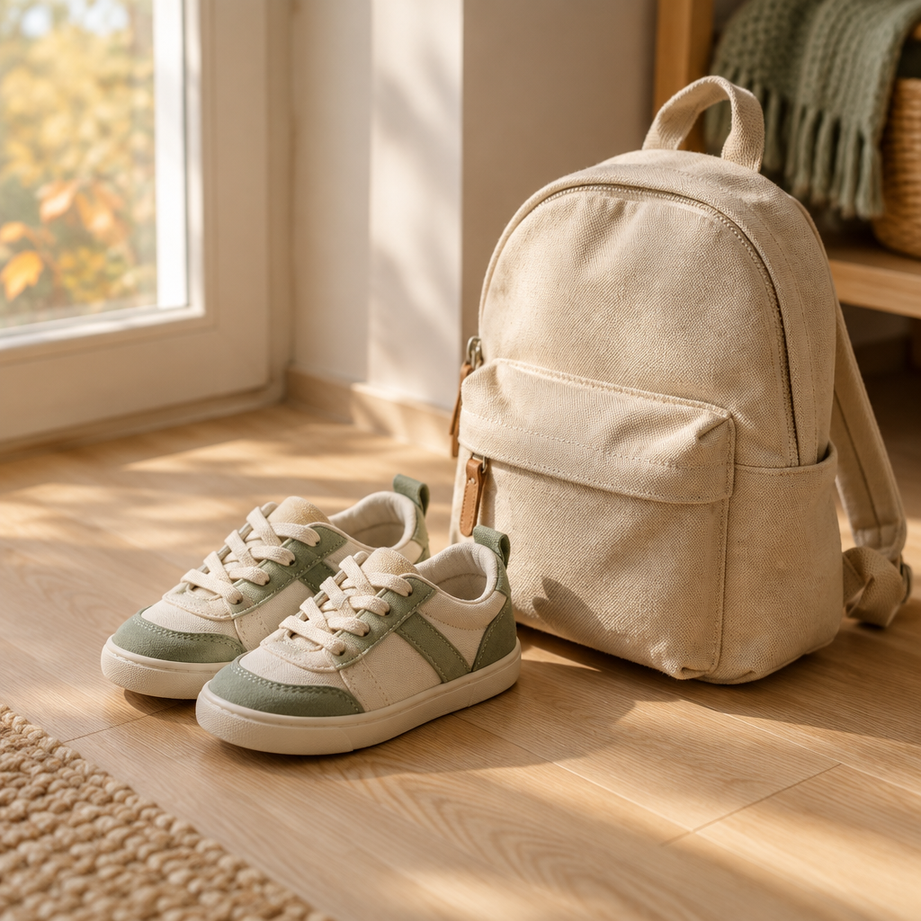 Barnsneakers bredvid en liten ryggsäck i morgonljus