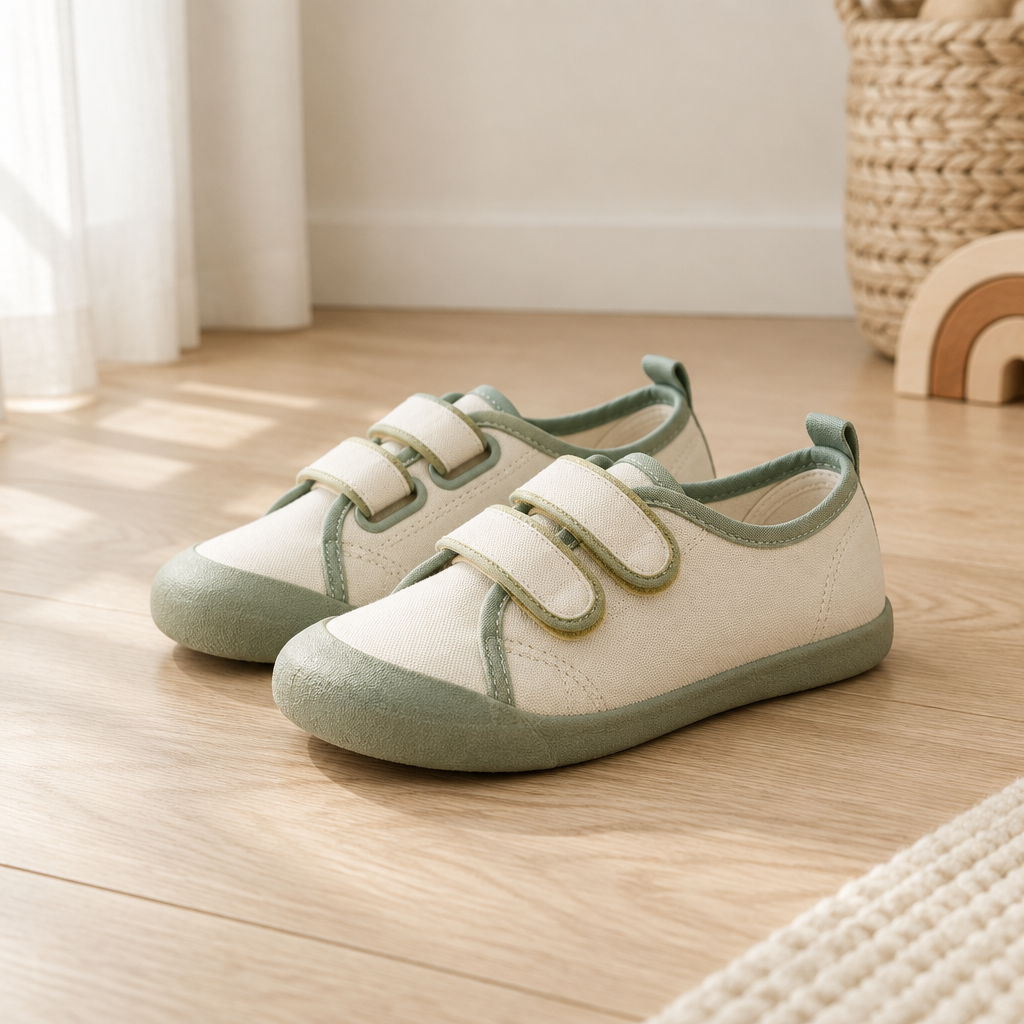 Barnsneakers i kräm och salviagrönt med platt böjlig sula